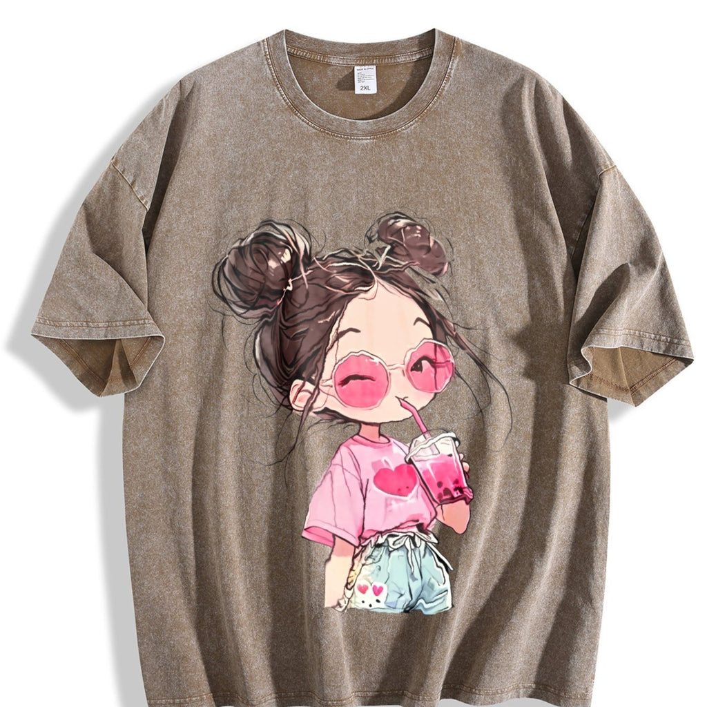 Messy Bun Girl with Pink Drink Vintage Washed T-Shirt product image 3
