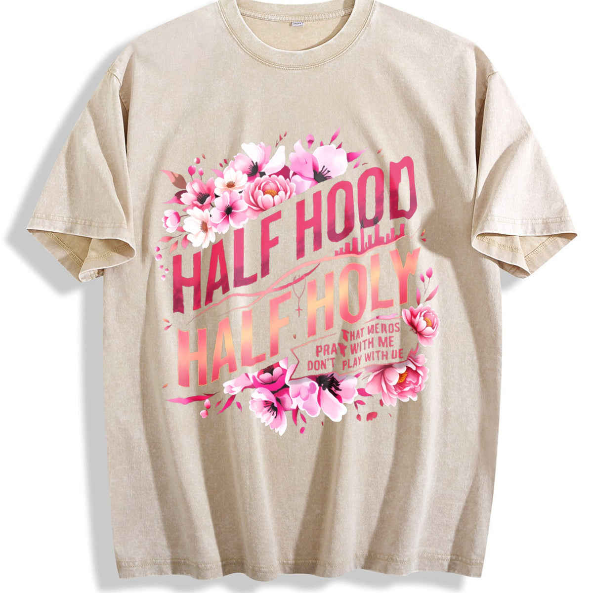 Half Hood Holy With Pink Floral Vintage Washed T-Shirt product image 1