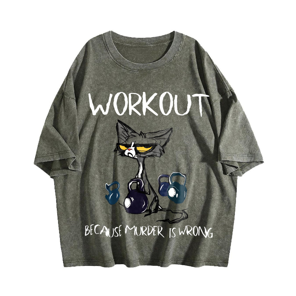 Humorous Cat & Dumbbell Vintage Washed T-Shirt product image 4