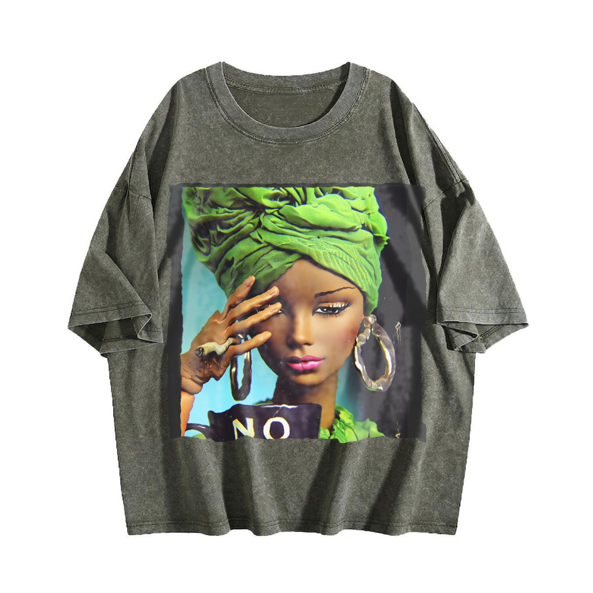 Sassy Doll with Green Head Wrap and No Mug Vintage Washed T-Shirt