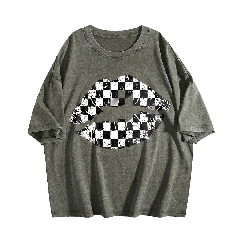 Black And White Checkered Lips Summer Vintage Washed T-Shirt product image 4