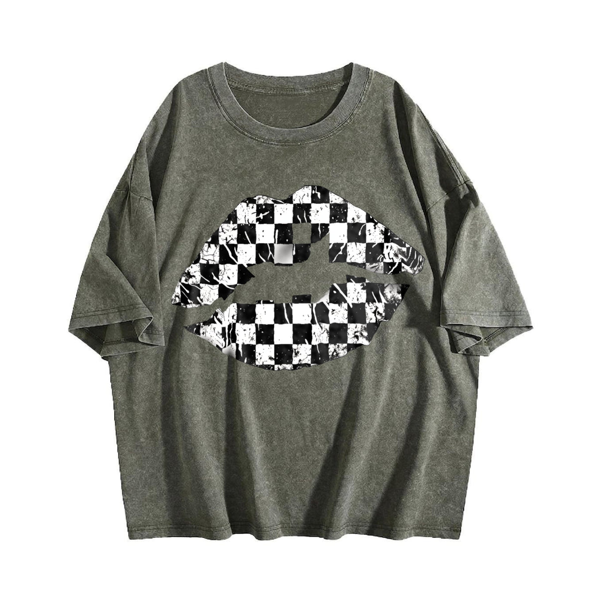 Black And White Checkered Lips Summer Vintage Washed T-Shirt product image 4