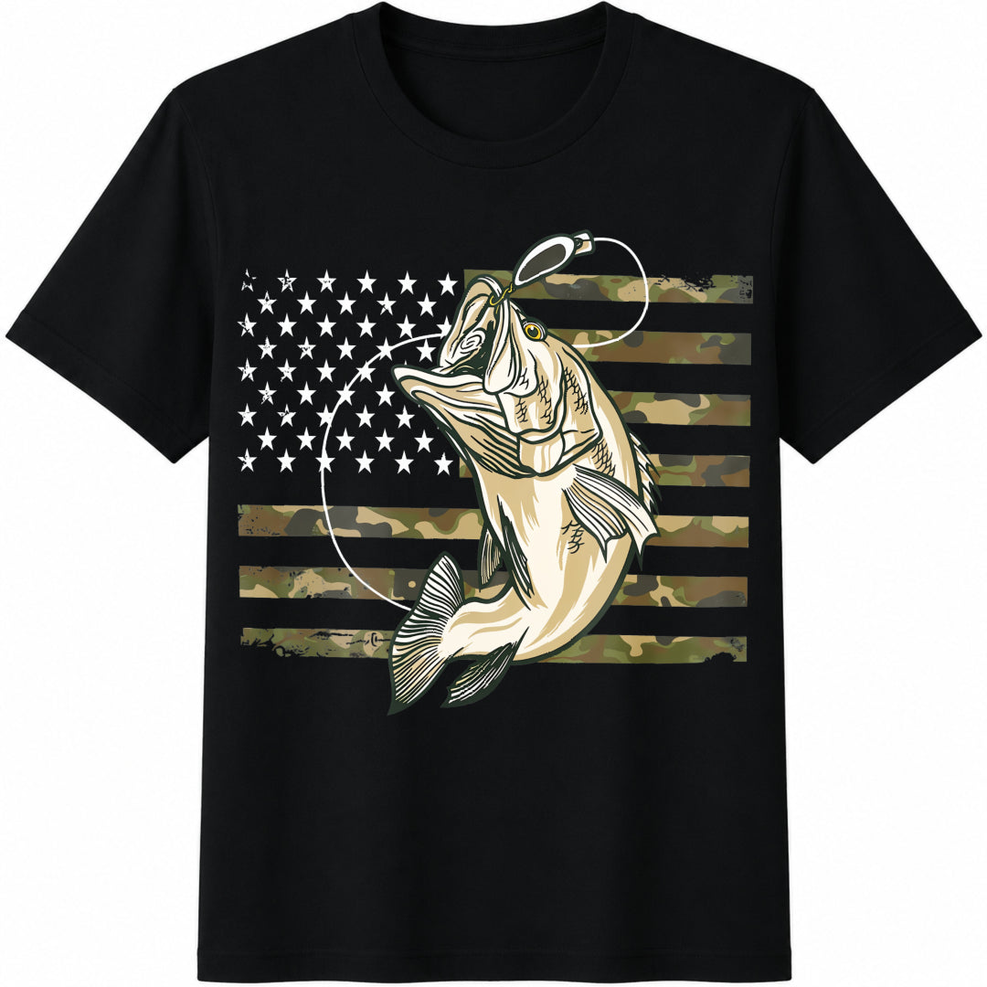 American Flag Bass Fishing Cotton T-Shirt product image 1