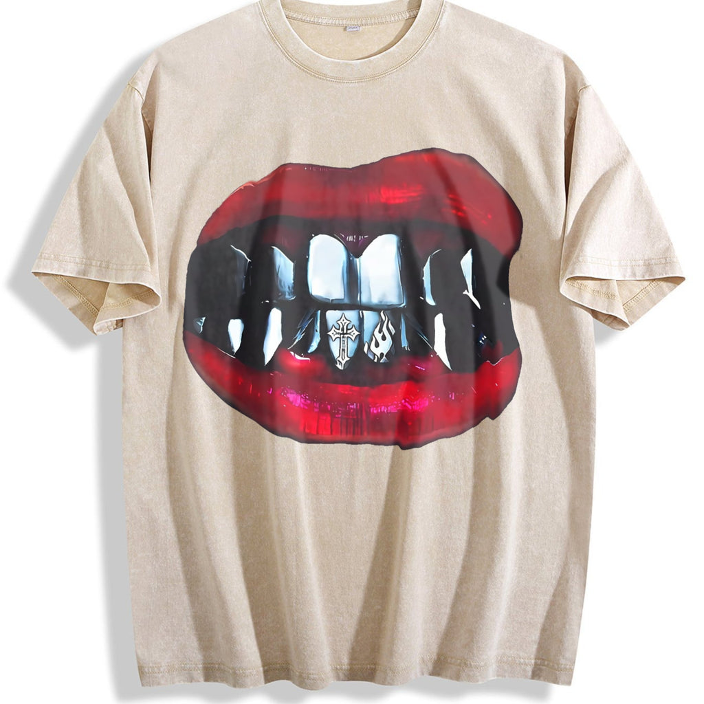 Gothic Vampire Lips Fangs Vintage Washed T-Shirt product image 1