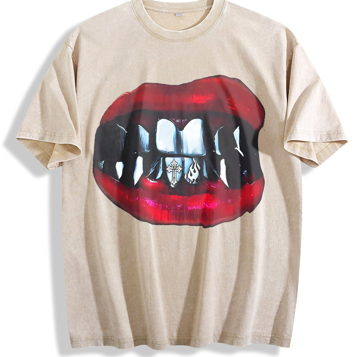 Gothic Vampire Lips Fangs Vintage Washed T-Shirt product image 1