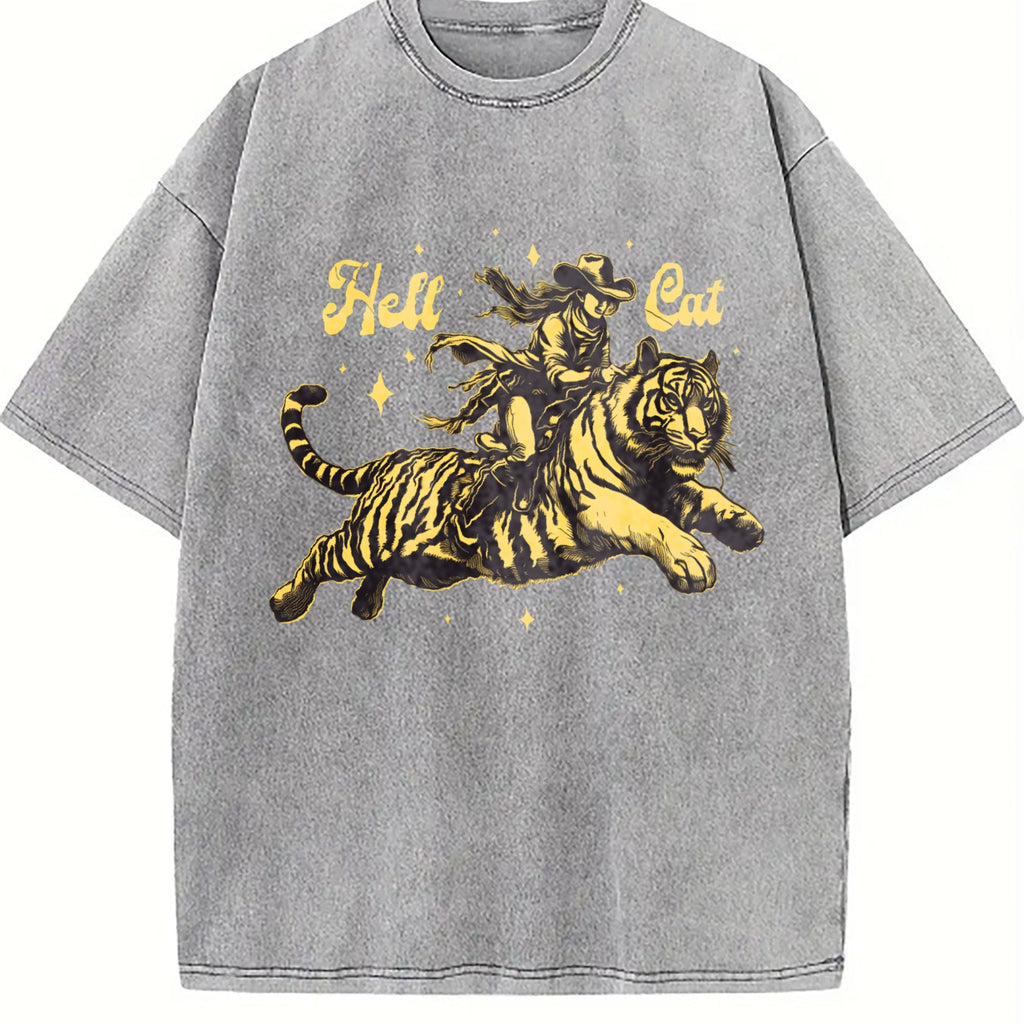 Hell Cat Cowgirl Riding Tiger Vintage Washed T-Shirt product image 5