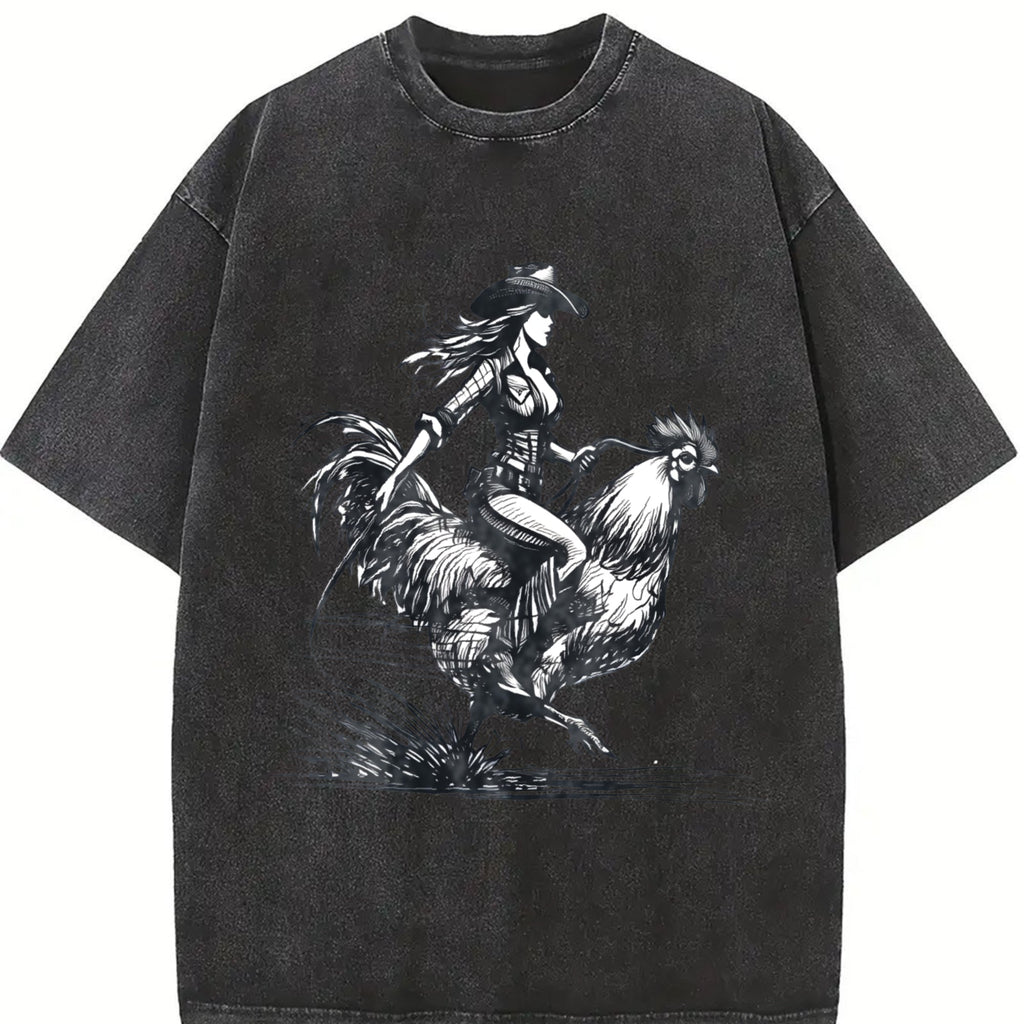 Cowgirl Riding Chicken 90s Vintage Washed T-Shirt product image 2