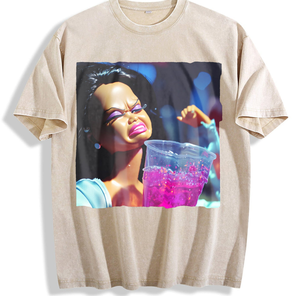 Grumpy Doll with Pink Drink Vintage Washed T-Shirt product image 1