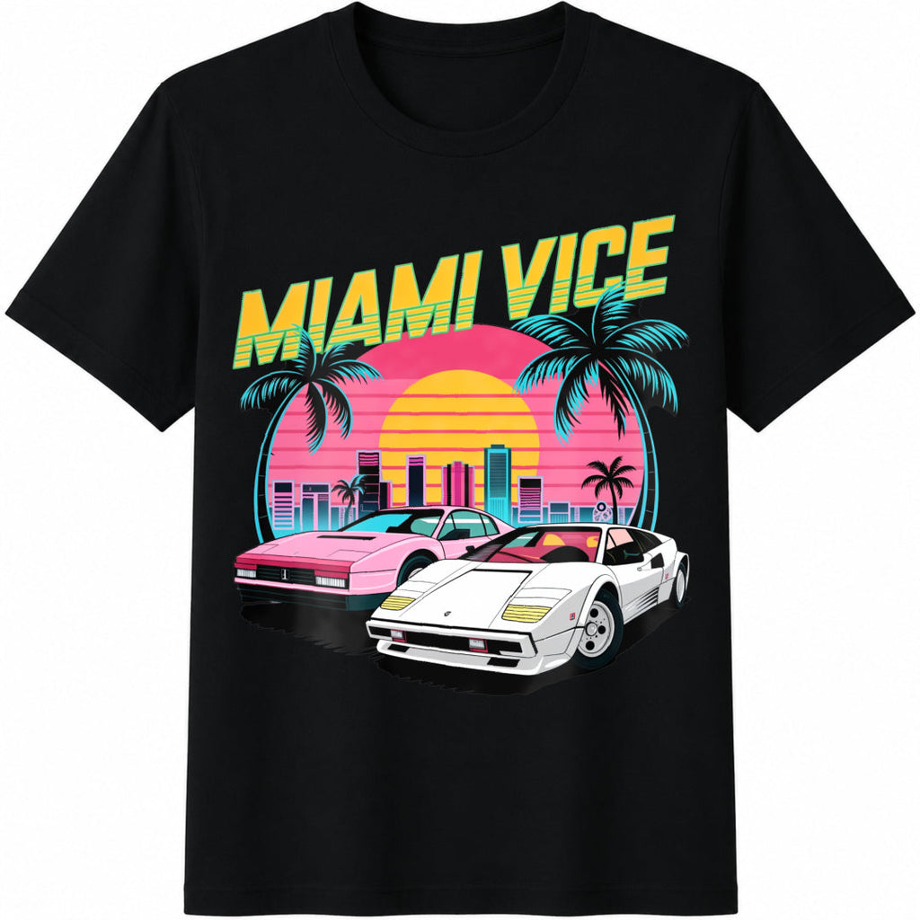 Miami Vice Sunset Cars Palm Trees Cityscape Cotton T-Shirt product image 1