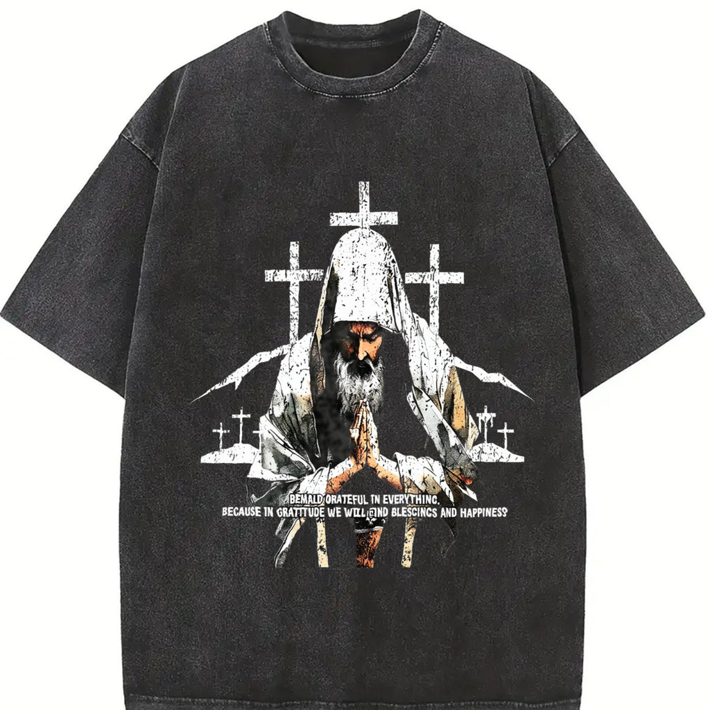 Religious Prayer Cross Black Grunge Vintage Washed T-Shirt product image 2