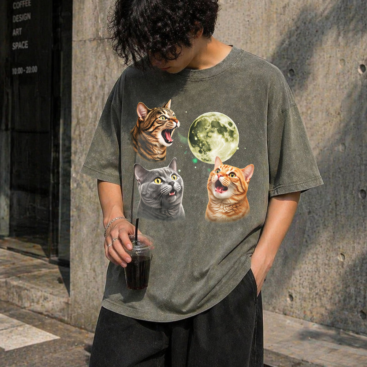 Three Cats Moon Vintage Washed T-Shirt product image 4
