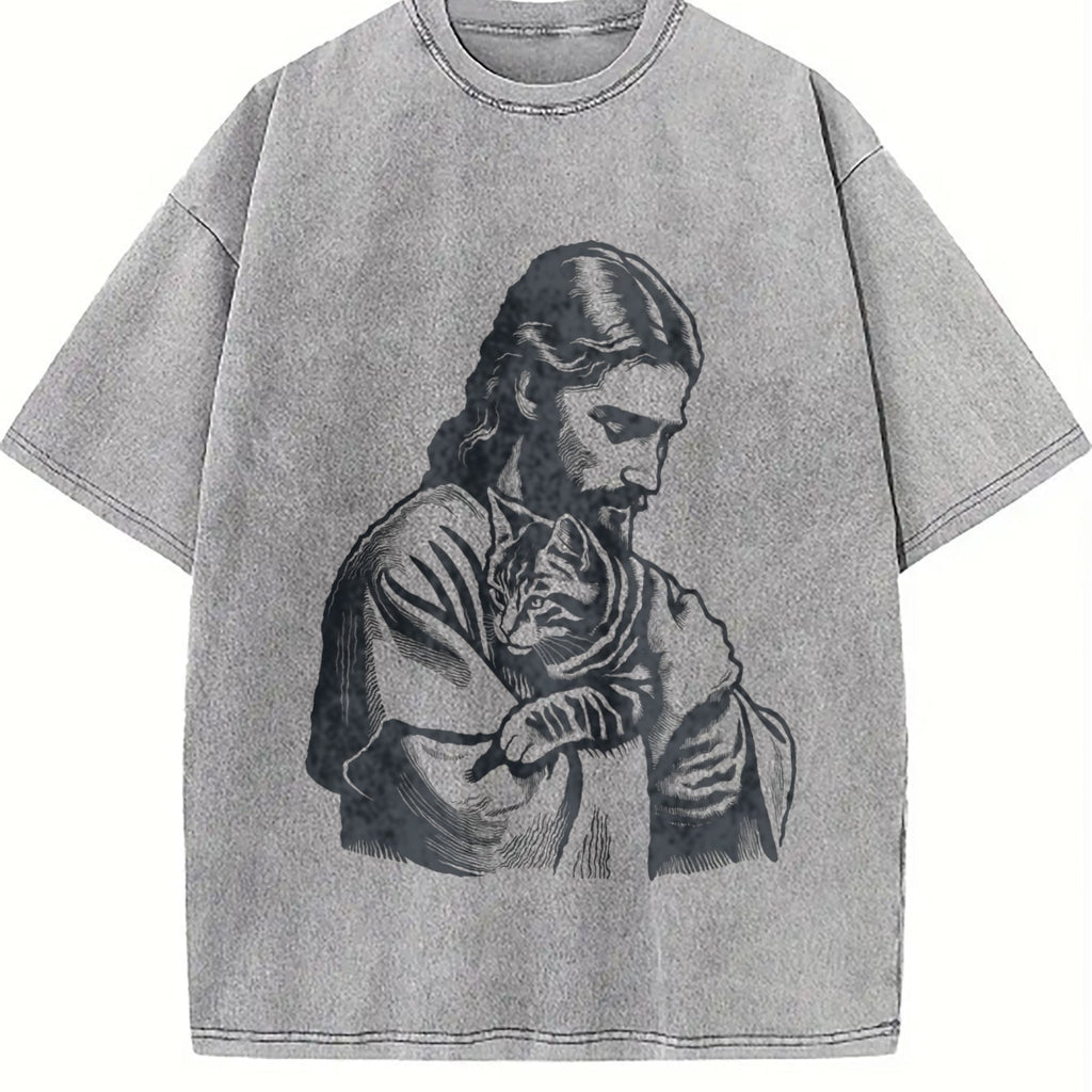 Religious Jesus Hugs Cat Christ Vintage Washed T-Shirt product image 5