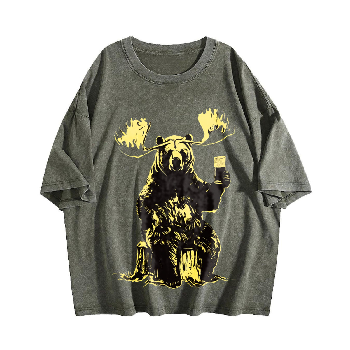 Bear Moose Drinking Beer 90s Vintage Washed T-Shirt product image 4