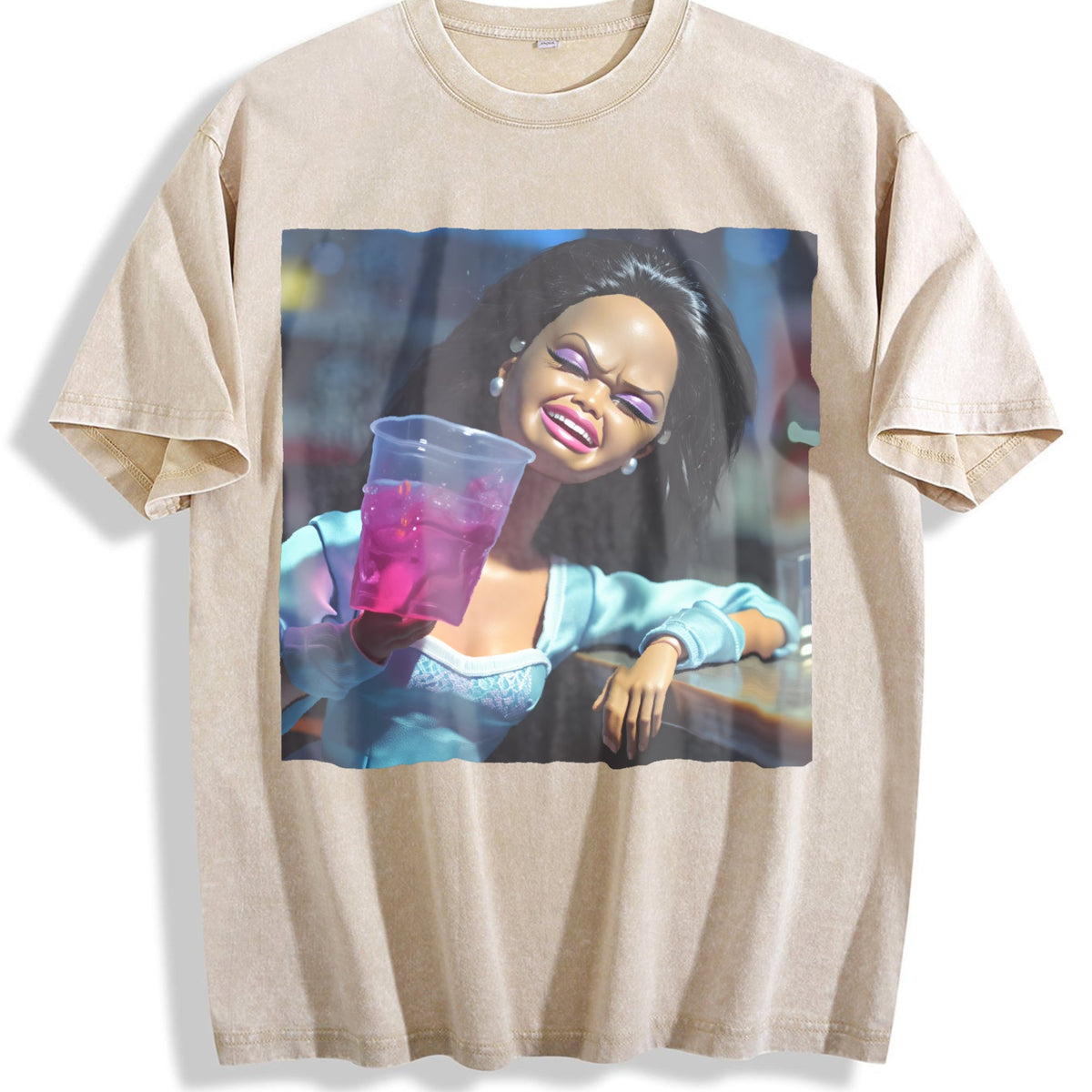 Laughing Doll with Pink Drink Vintage Washed T-Shirt product image 1