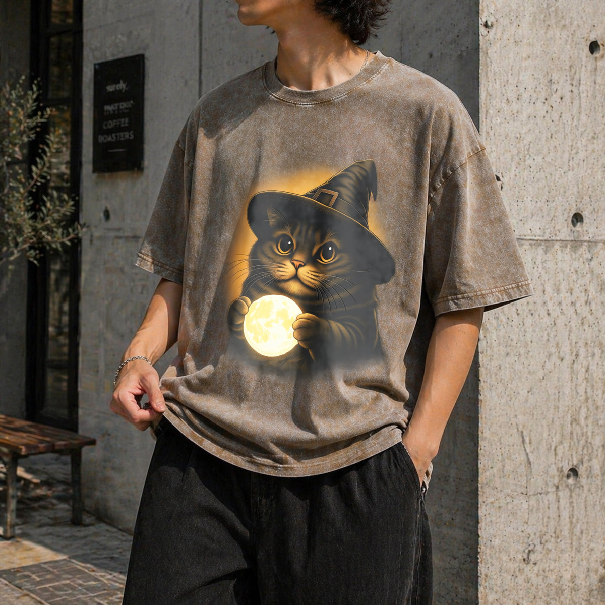 Witch Cat Moon : Gothic Halloween Vintage Washed T-Shirt product image 3