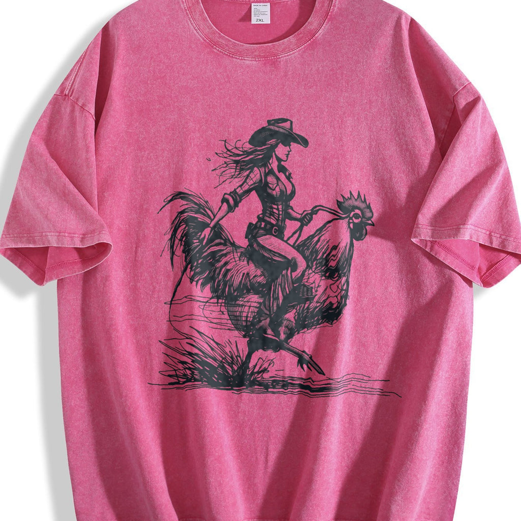 Funny Cowgirl Riding Chicken 90s Vintage Washed T-Shirt product image 7