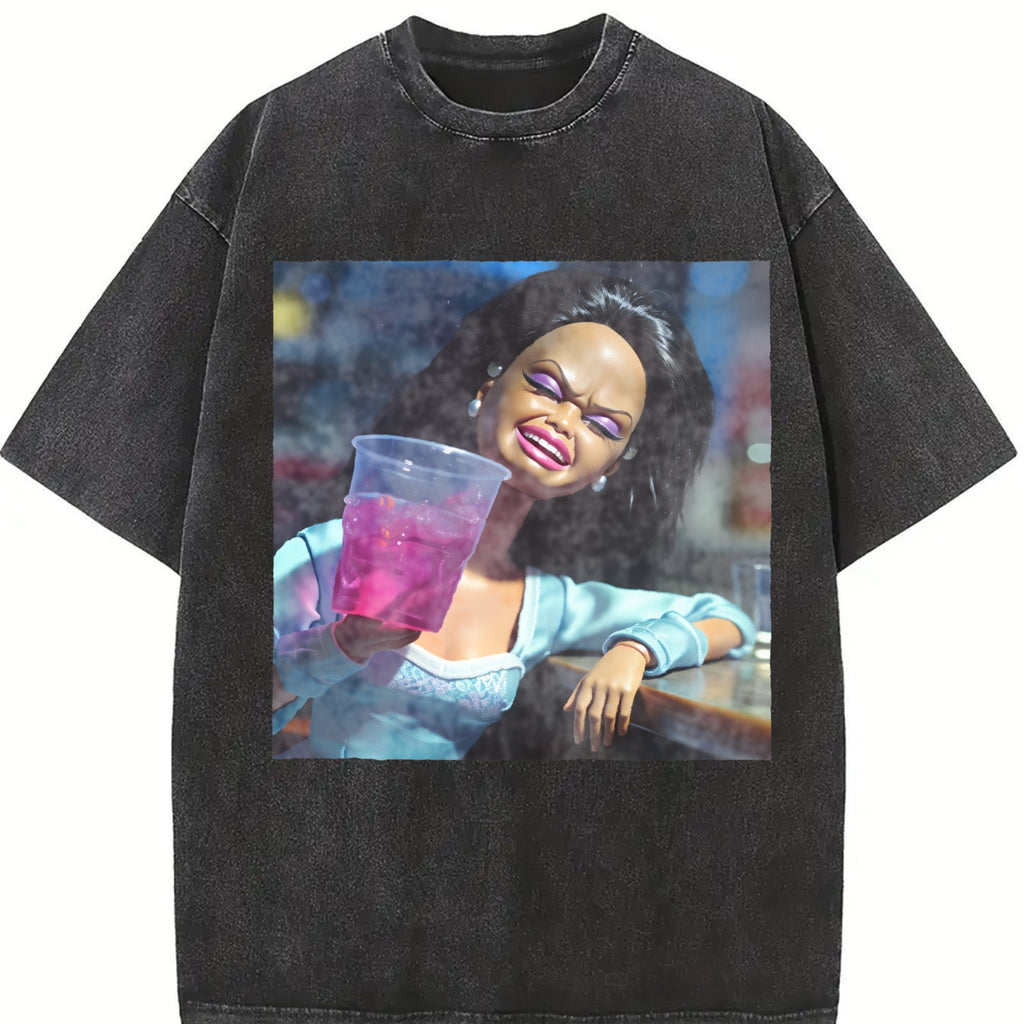 Laughing Doll with Pink Drink Vintage Washed T-Shirt product image 2