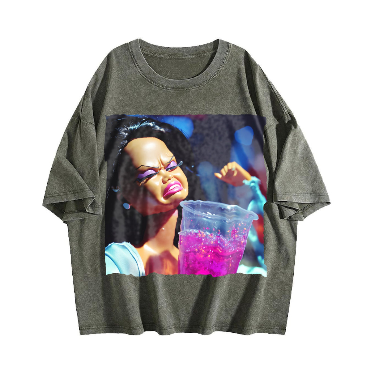 Grumpy Doll with Pink Drink Vintage Washed T-Shirt product image 4