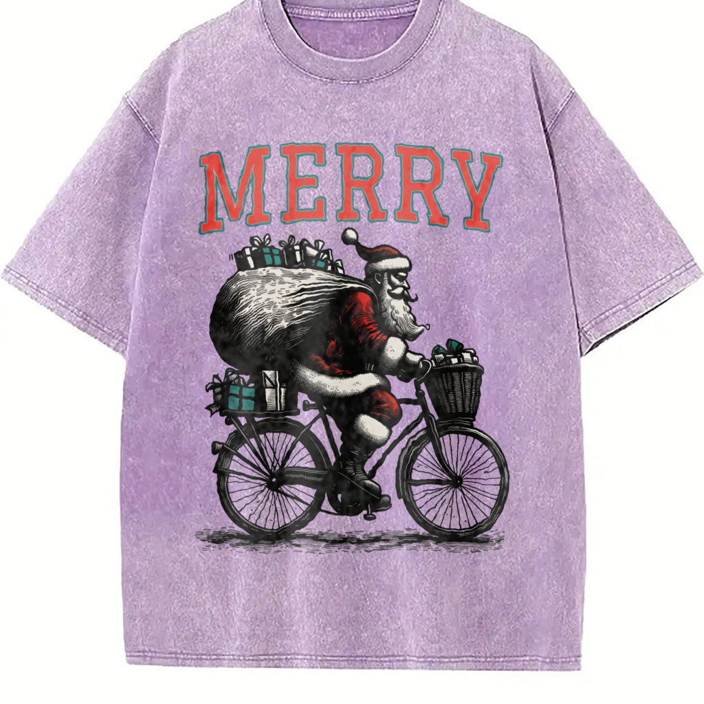 Merry Santa Riding Bike 90s Vintage Washed T-Shirt product image 6