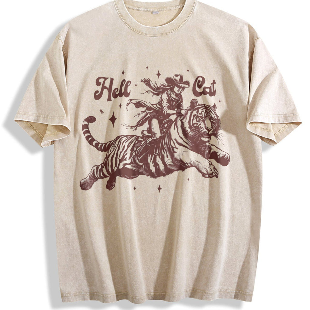 Hell Cat Cowgirl Riding Tiger Vintage Washed T-Shirt product image 1