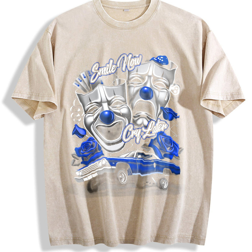 Blue Smile Now Cry Later Silk Screen Vintage Washed T-Shirt product image 1