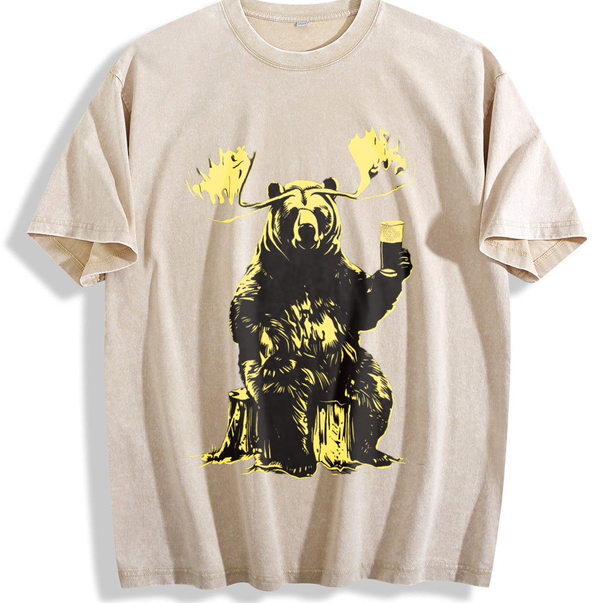 Bear Moose Drinking Beer 90s Vintage Washed T-Shirt product image 1