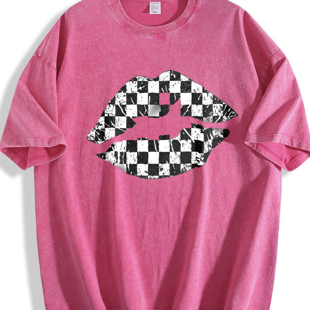 Black And White Checkered Lips Summer Vintage Washed T-Shirt product image 7