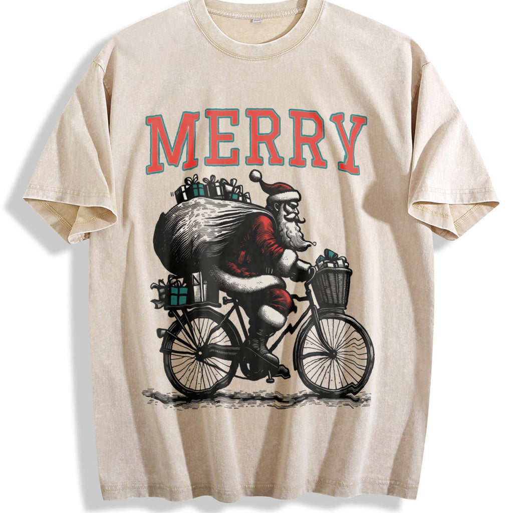 Merry Santa Riding Bike 90s Vintage Washed T-Shirt product image 1
