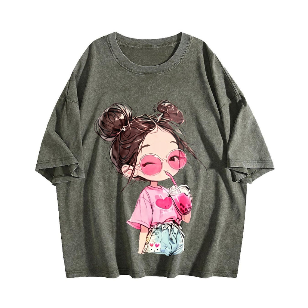 Messy Bun Girl with Pink Drink Vintage Washed T-Shirt product image 4