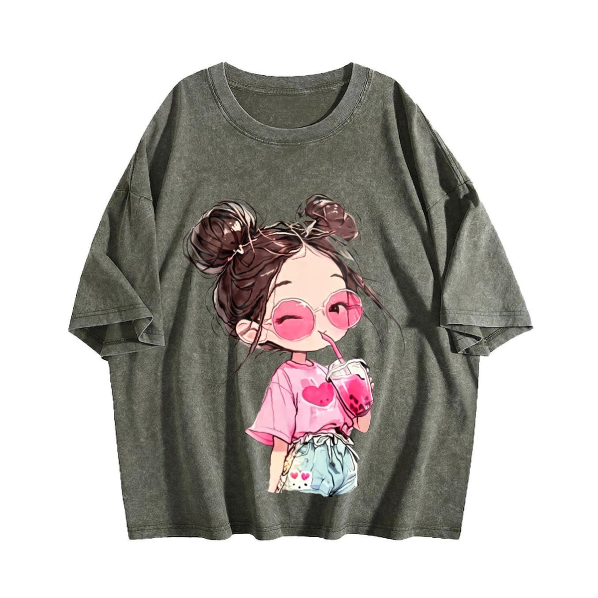 Messy Bun Girl with Pink Drink Vintage Washed T-Shirt product image 4