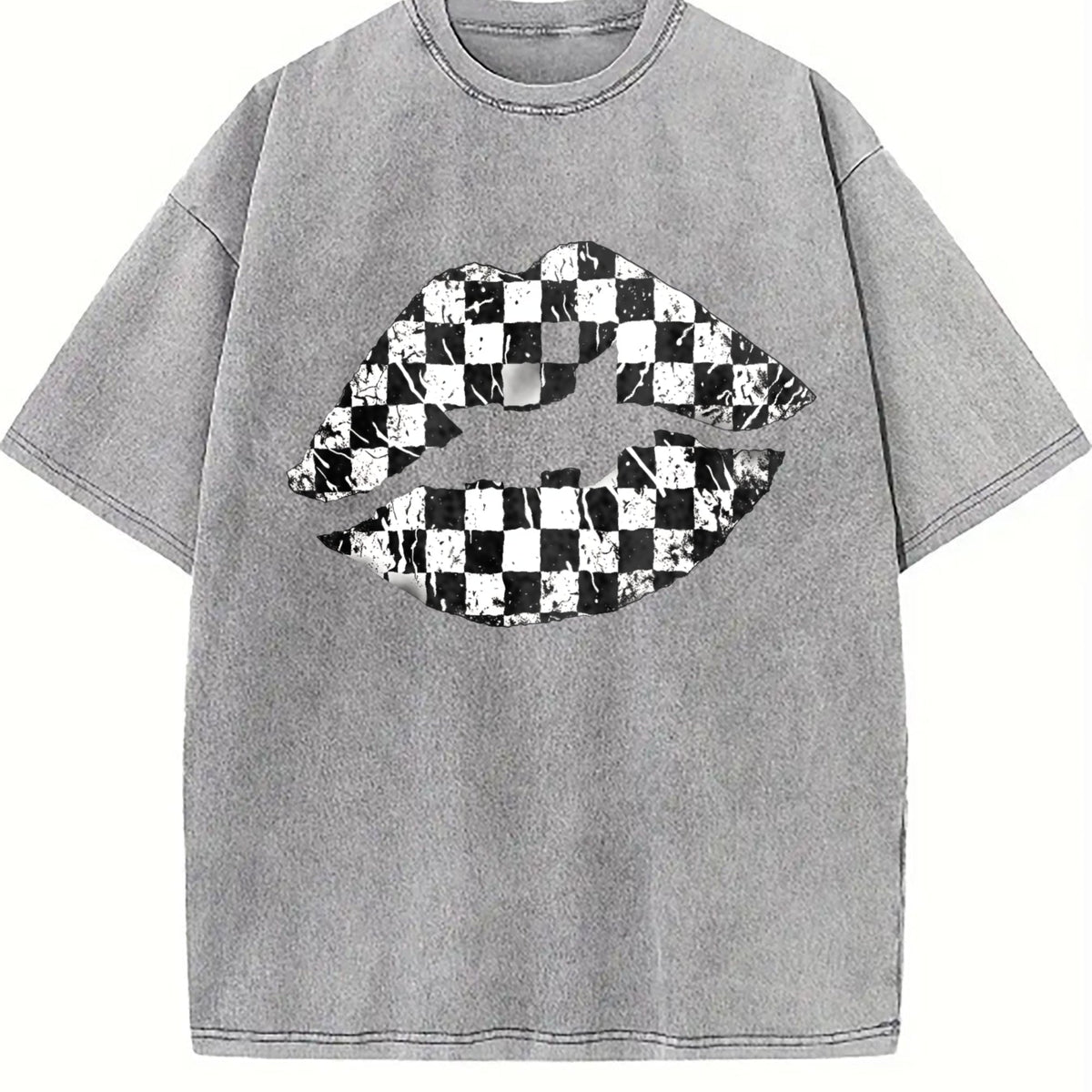 Black And White Checkered Lips Summer Vintage Washed T-Shirt product image 5