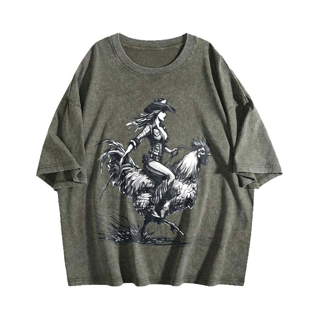 Cowgirl Riding Chicken 90s Vintage Washed T-Shirt product image 4