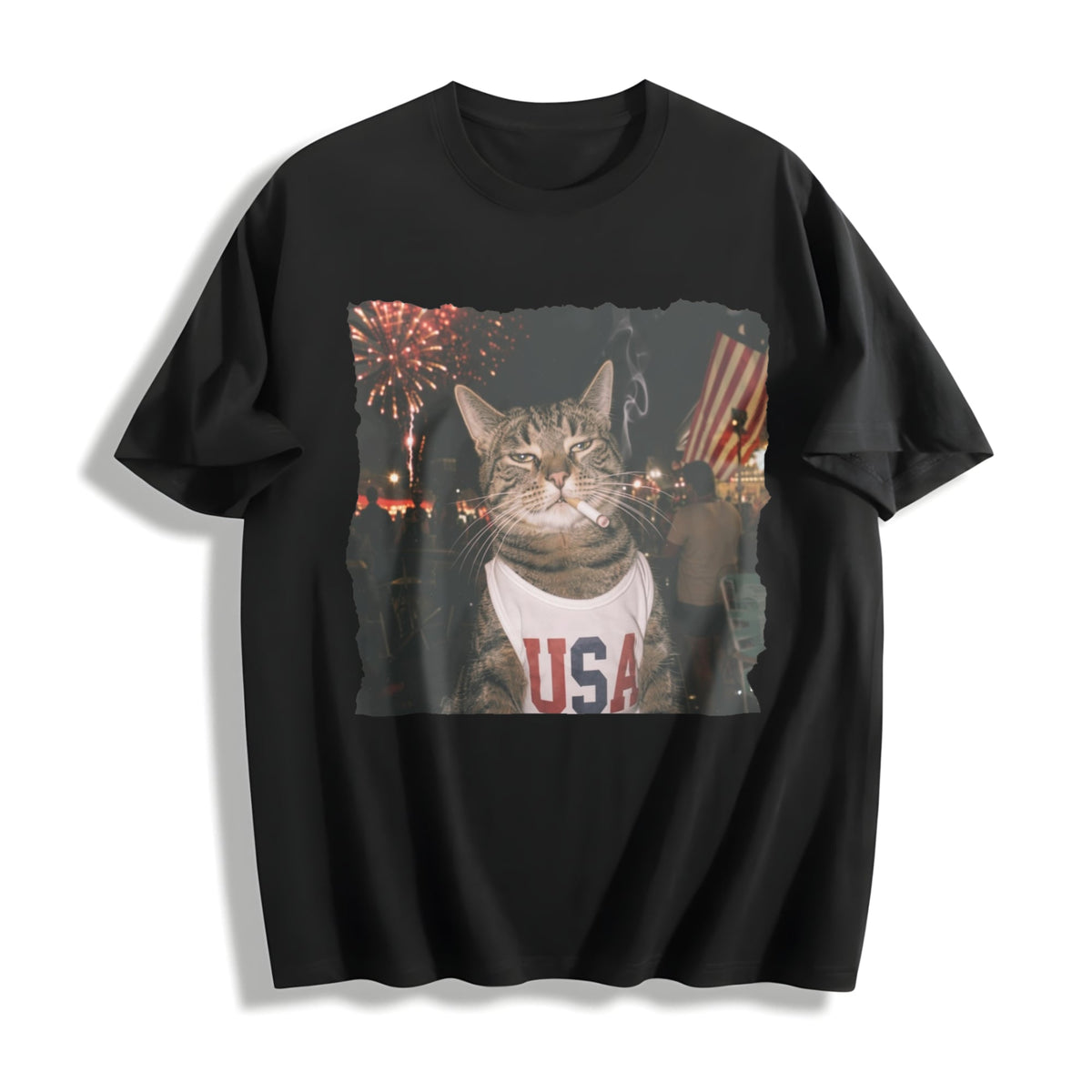 Patriotic Smoking Cat Cotton T-Shirt product image 1