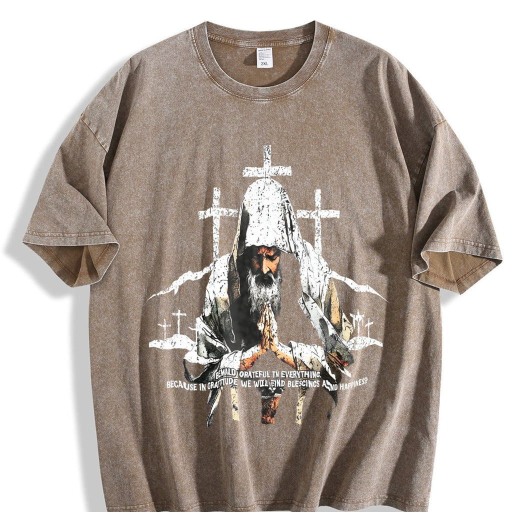 Religious Prayer Cross Black Grunge Vintage Washed T-Shirt product image 3
