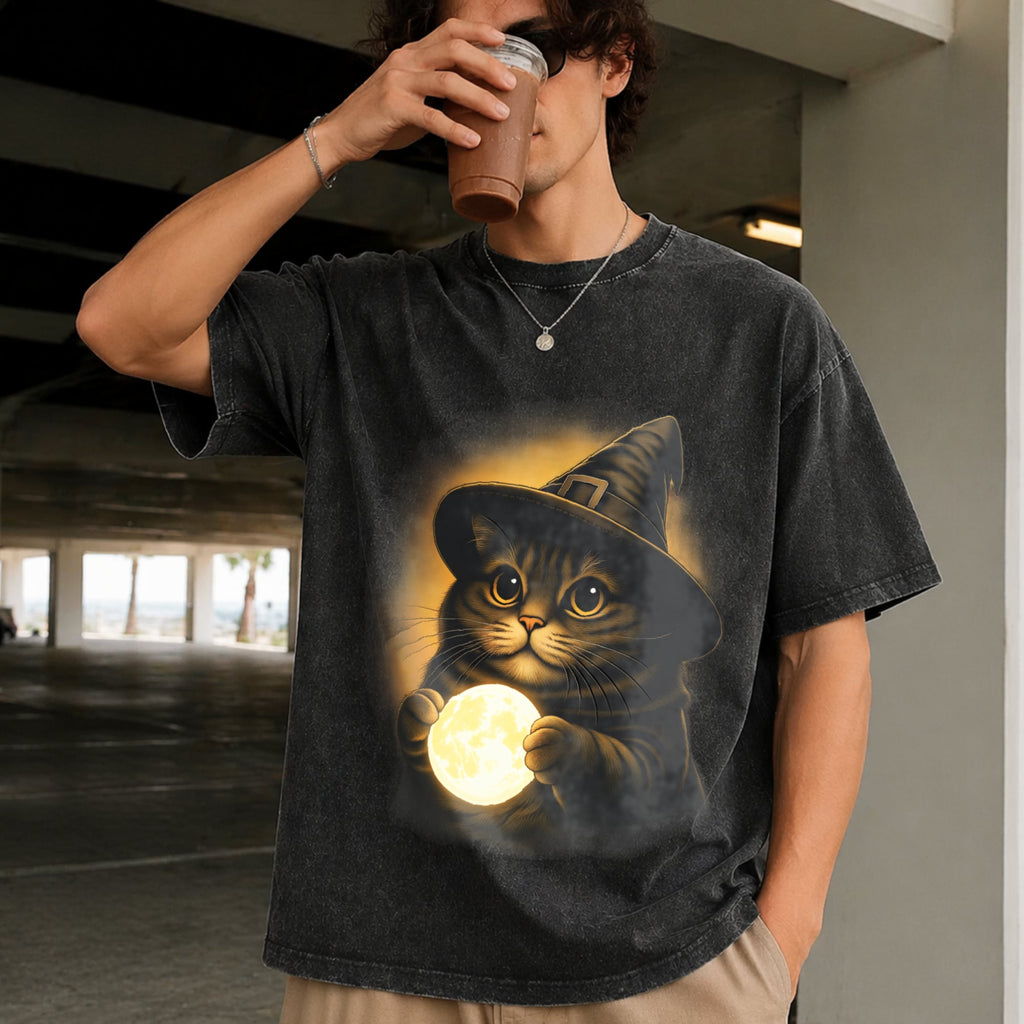 Witch Cat Moon : Gothic Halloween Vintage Washed T-Shirt product image 2