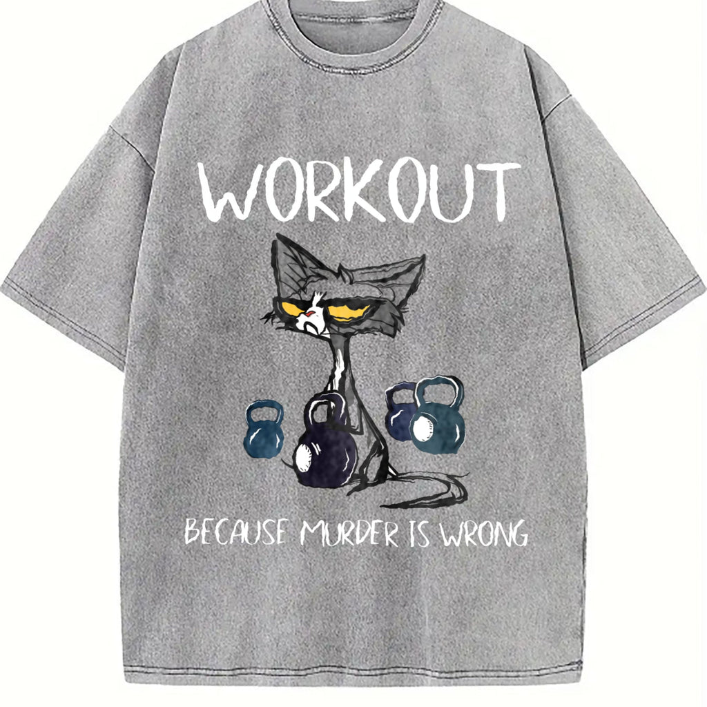 Humorous Cat & Dumbbell Vintage Washed T-Shirt product image 5