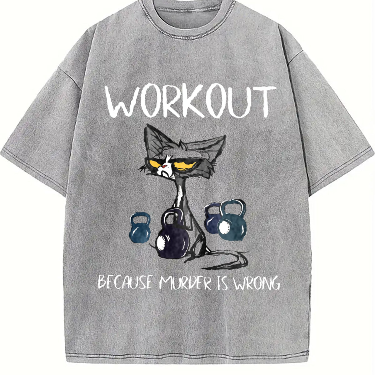 Humorous Cat & Dumbbell Vintage Washed T-Shirt product image 5
