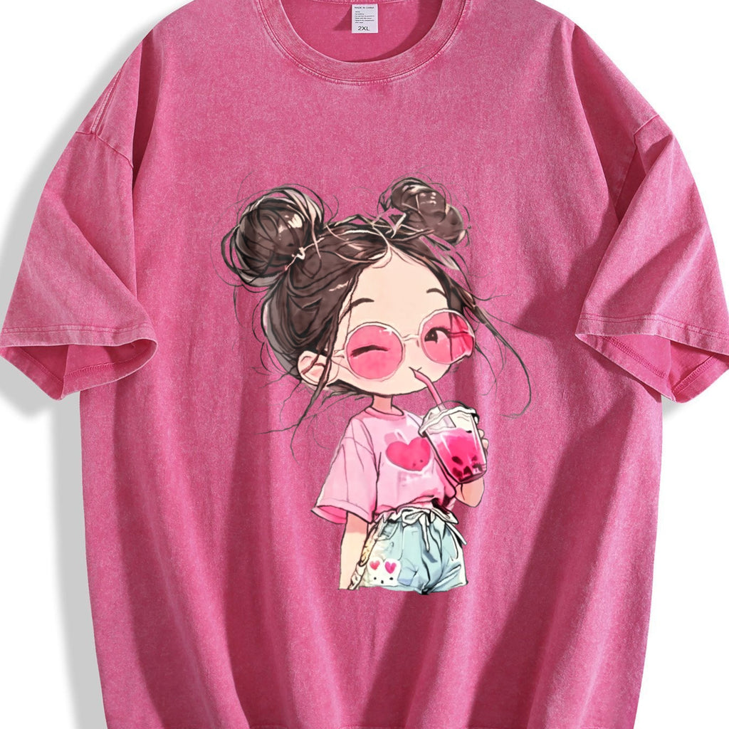 Messy Bun Girl with Pink Drink Vintage Washed T-Shirt product image 7