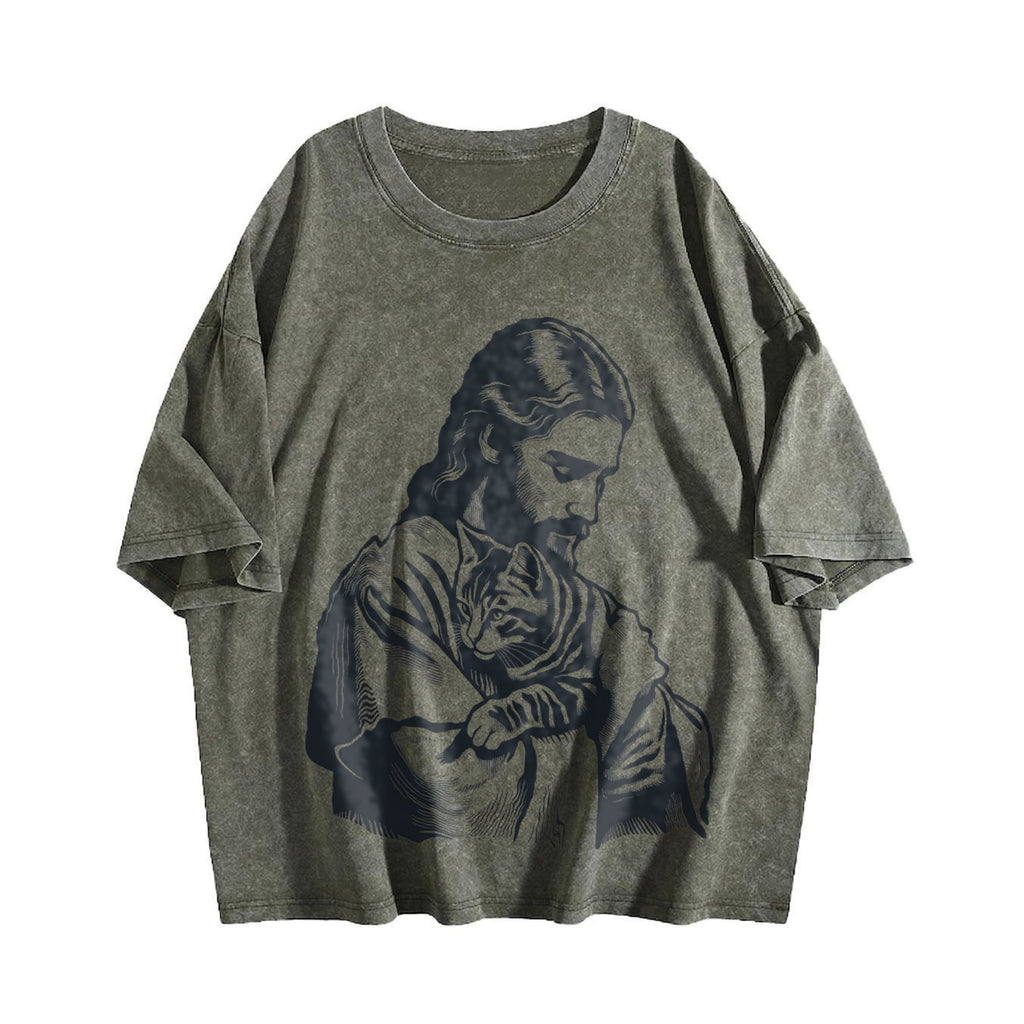 Religious Jesus Hugs Cat Christ Vintage Washed T-Shirt product image 4