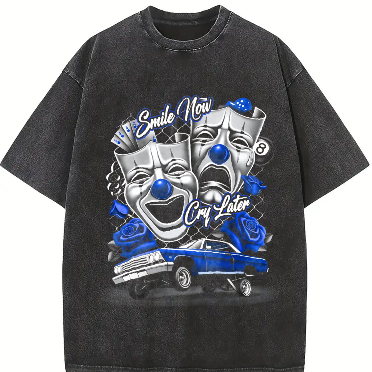 Blue Smile Now Cry Later Silk Screen Vintage Washed T-Shirt product image 2