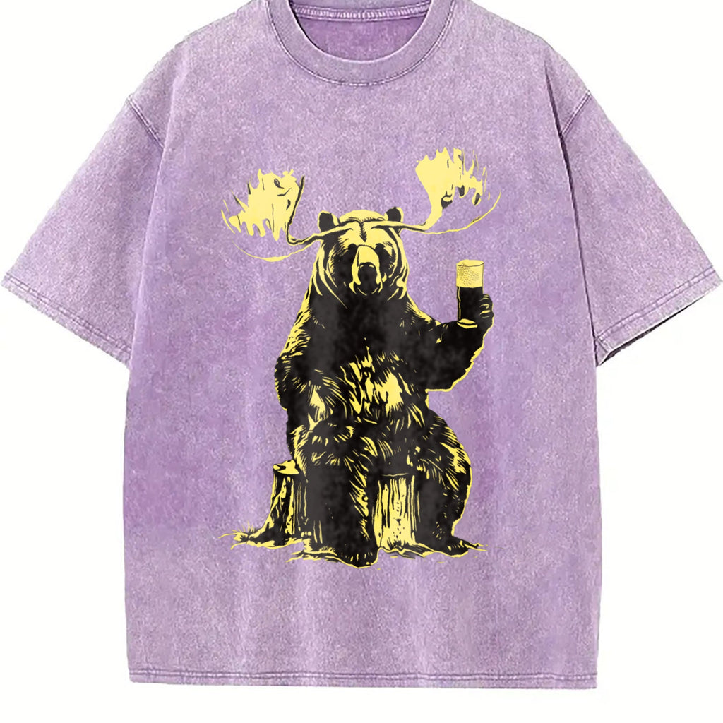 Bear Moose Drinking Beer 90s Vintage Washed T-Shirt product image 6
