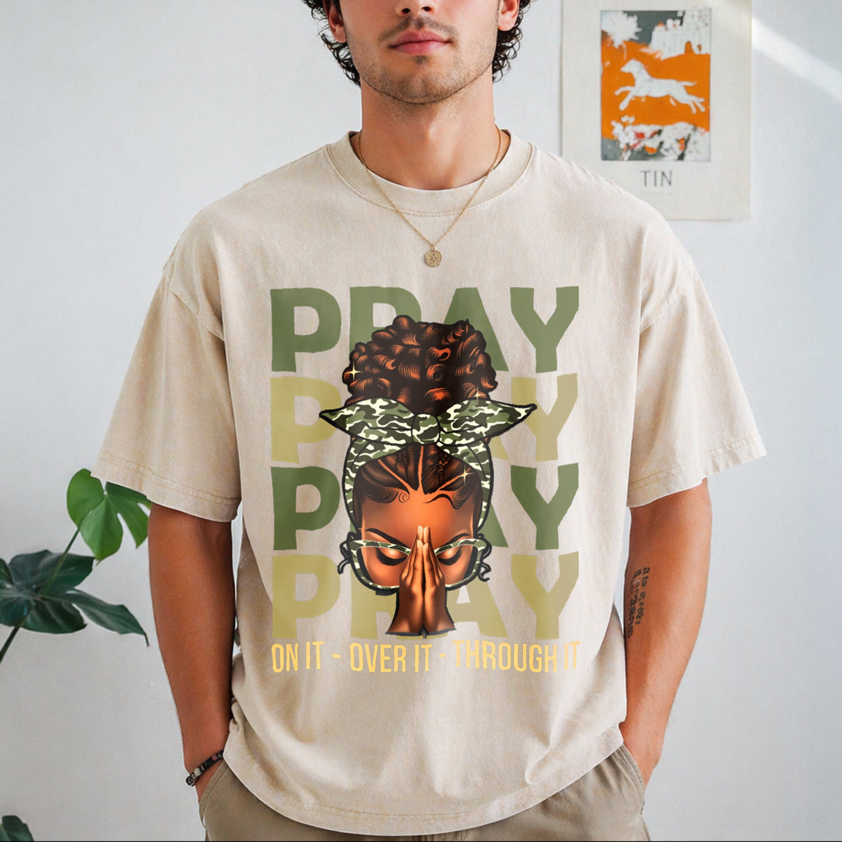 Pray On It Over It Black Woman Afro Christian Vintage product image 8