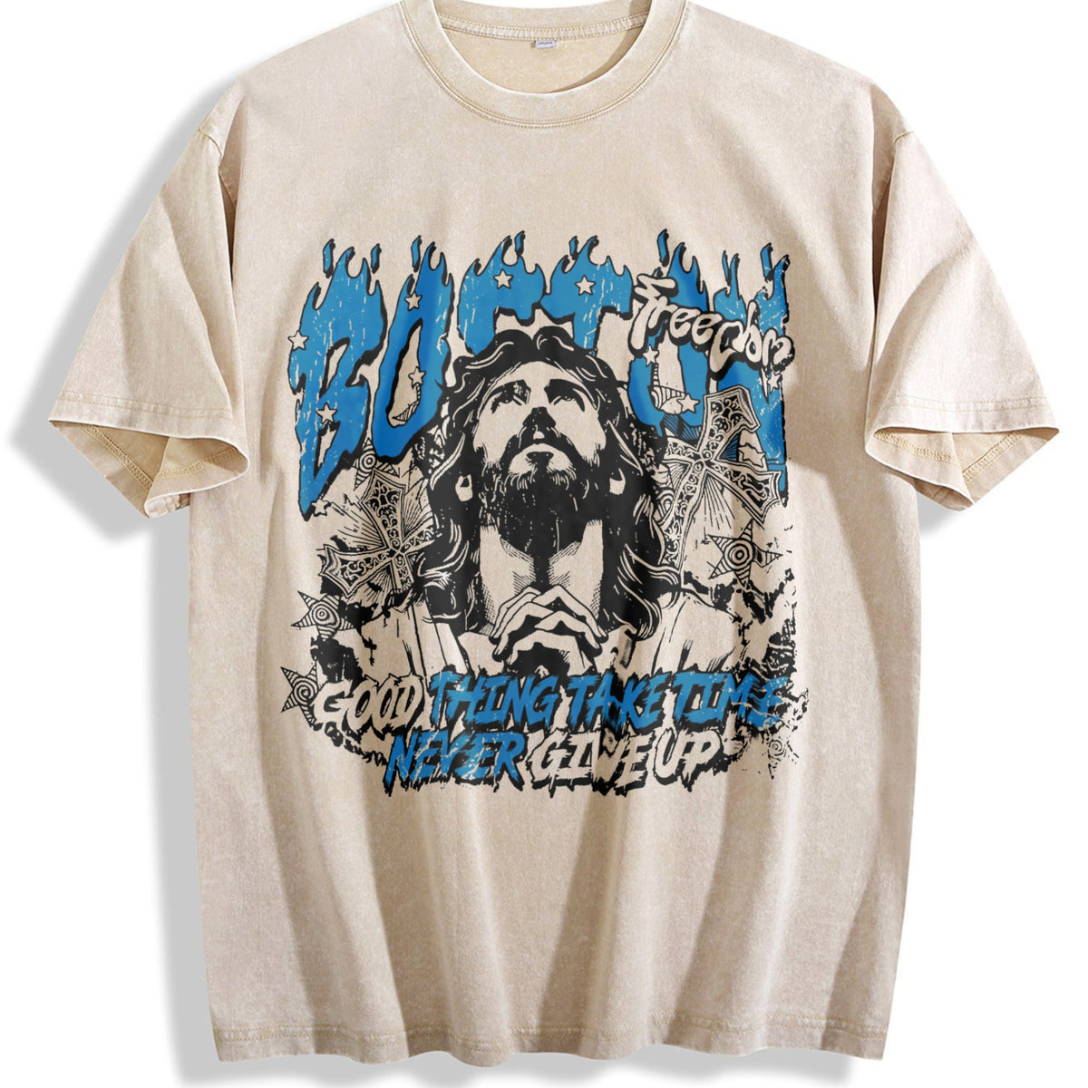 Boston Jesus Cross White Grunge Vintage Washed T-Shirt product image 1