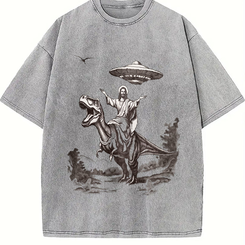 Jesus Riding Dinosaur Under UFO Funny Religious Vintage product image 5