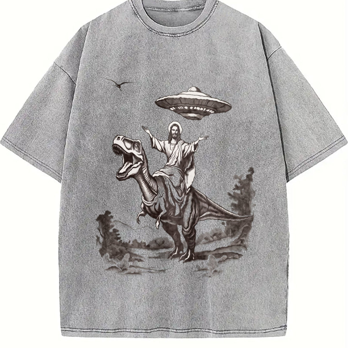 Jesus Riding Dinosaur Under UFO Funny Religious Vintage product image 5