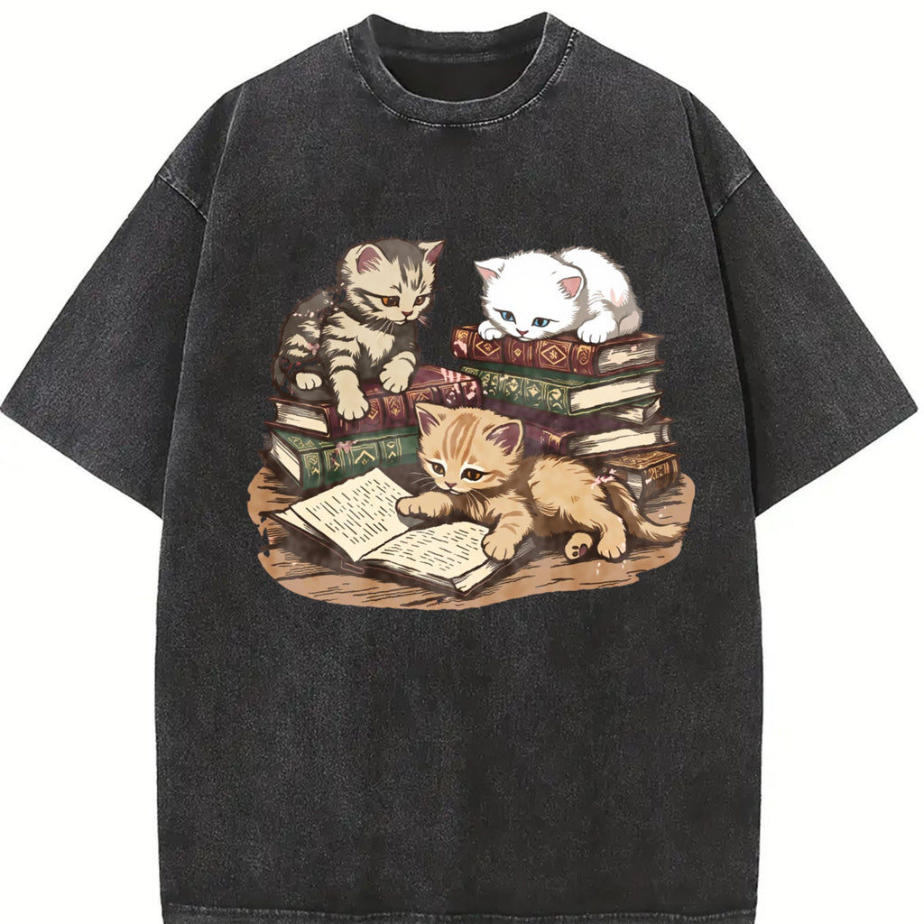 Kittens Reading Books Vintage Washed T-Shirt product image 2