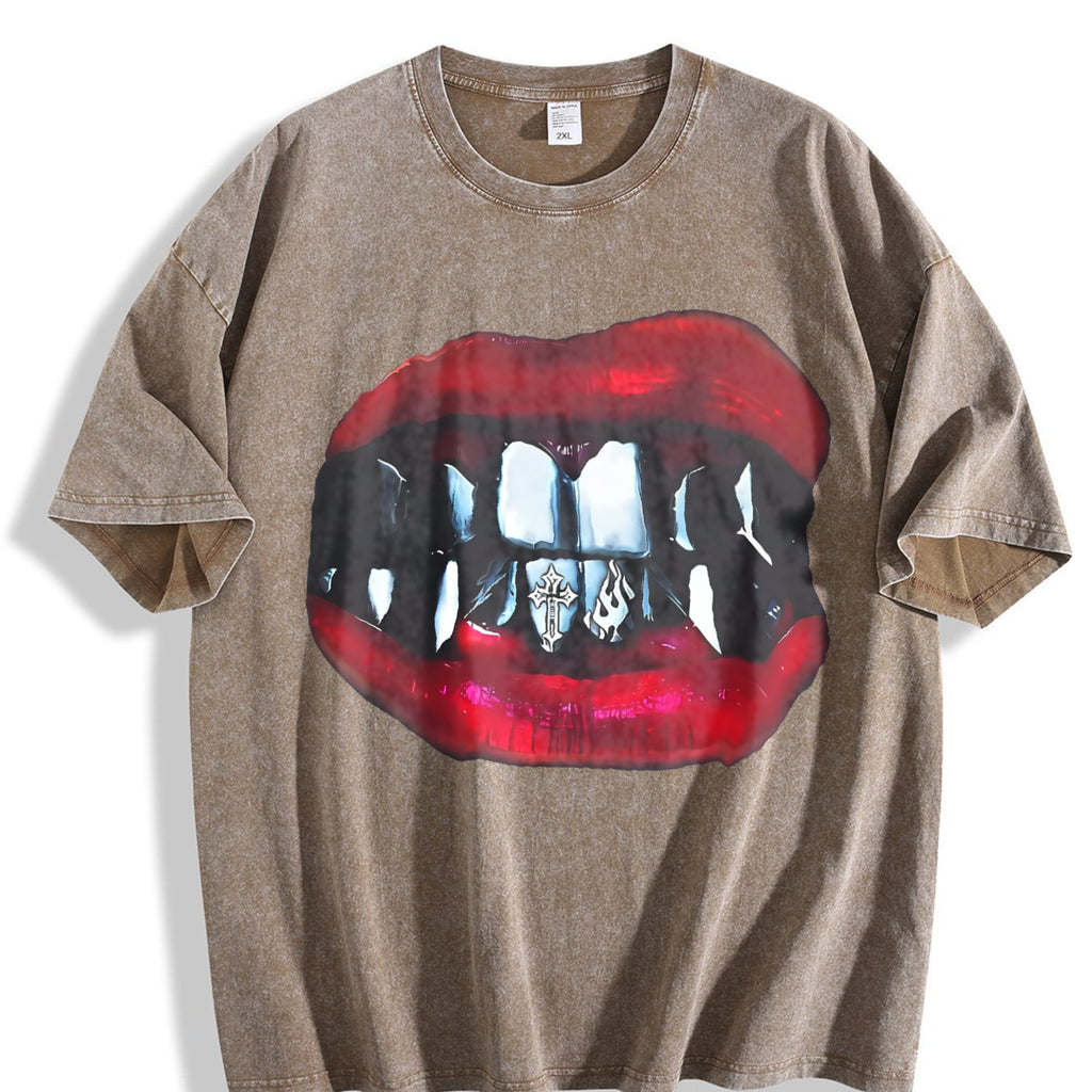 Gothic Vampire Lips Fangs Vintage Washed T-Shirt product image 3