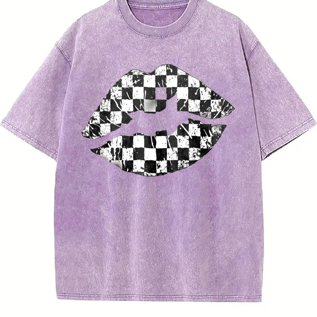 Black And White Checkered Lips Summer Vintage Washed T-Shirt product image 6