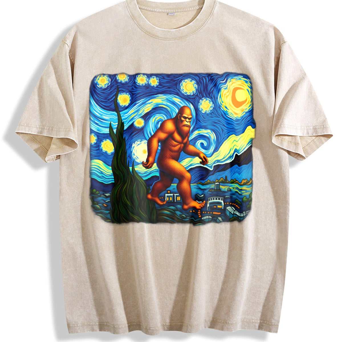 Bigfoot On Starry Night 90s Vintage Washed T-Shirt product image 1