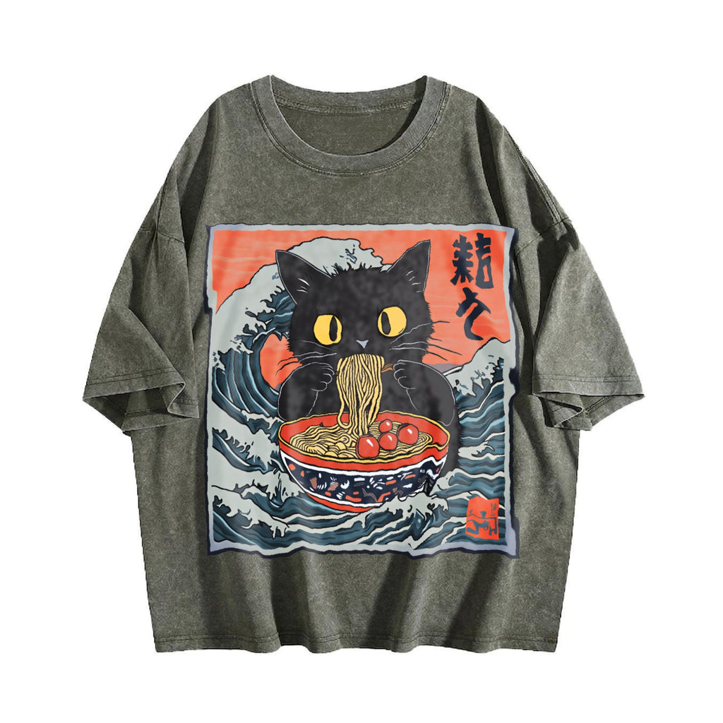 Cat Eating Ramen 90s Vintage Washed T-Shirt product image 4